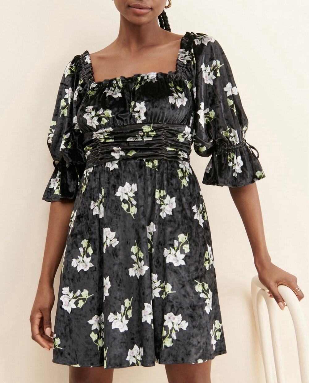 Hutch Velvet Floral Mini Dress Smocked Black Size Large Romantic Milkmaid